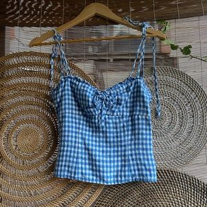 Reformation Blue and White Linen Tie Strap Top